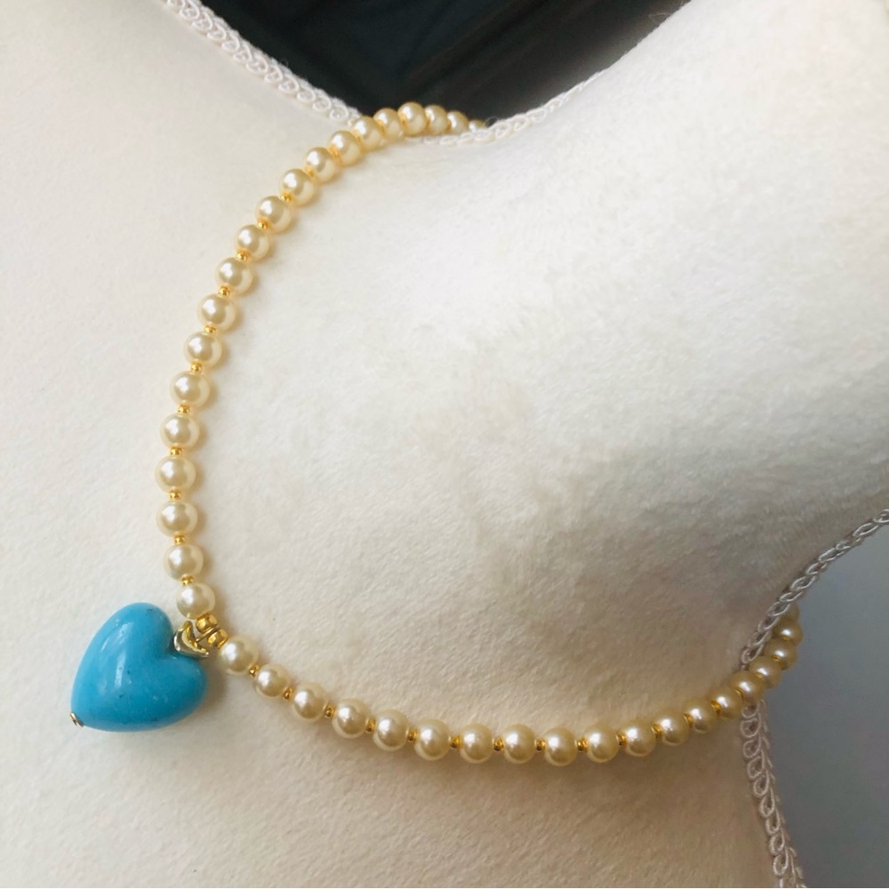 Handcrafted repurpose faux turquoise heart pendant Czech glass Pearl necklace
